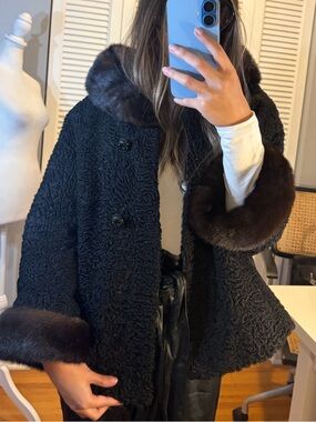 Women’s Black Faux Fur-Trimmed Persian Lamb Coat As is